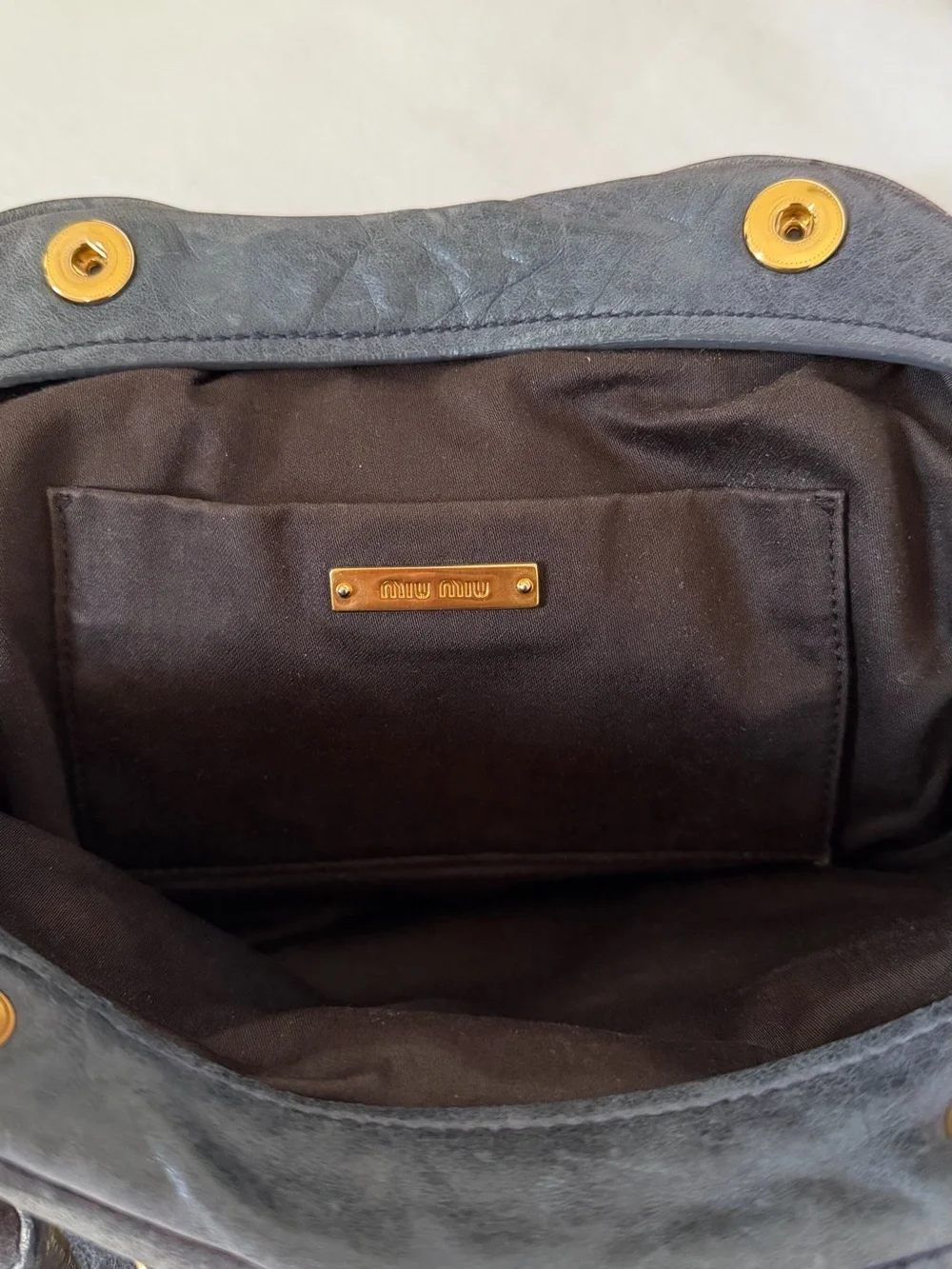 Miu Miu Dark Gray Leather Top-Handle Satchel with Gold Hardware
